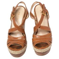 Pre Owned Prada Tan Leather Strappy Espadrille Wedge Platform Sandals Size 37.5