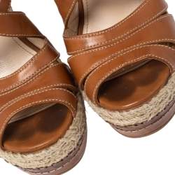 Pre Owned Prada Tan Leather Strappy Espadrille Wedge Platform Sandals Size 37.5