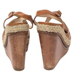 Pre Owned Prada Tan Leather Strappy Espadrille Wedge Platform Sandals Size 37.5