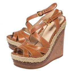 Pre Owned Prada Tan Leather Strappy Espadrille Wedge Platform Sandals Size 37.5