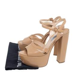 Prada Beige Patent Leather Platform Ankle Strap Sandals Size 39