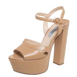 Prada Beige Patent Leather Platform Ankle Strap Sandals Size 39