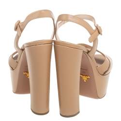 Prada Beige Patent Leather Platform Ankle Strap Sandals Size 39
