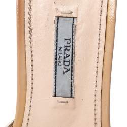 Prada Beige Patent Leather Logo Embellished Flat Slides Size 37.5