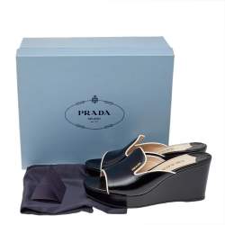 Pre Owned Prada Black Saffiano Vernice Leather Logo Wedge Platform Sandals Size 38
