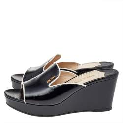 Pre Owned Prada Black Saffiano Vernice Leather Logo Wedge Platform Sandals Size 38