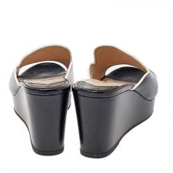 Pre Owned Prada Black Saffiano Vernice Leather Logo Wedge Platform Sandals Size 38