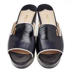 Pre Owned Prada Black Saffiano Vernice Leather Logo Wedge Platform Sandals Size 38