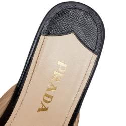 Pre Owned Prada Black Saffiano Vernice Leather Logo Wedge Platform Sandals Size 38