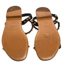 Pre Owned Prada Black Leather Studded T Strap Flat Sandals Size 39.5