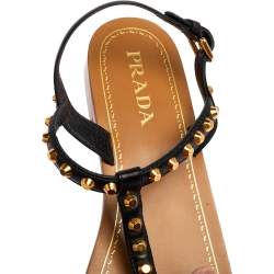 Pre Owned Prada Black Leather Studded T Strap Flat Sandals Size 39.5