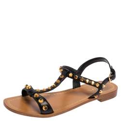 Pre Owned Prada Black Leather Studded T Strap Flat Sandals Size 39.5