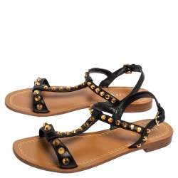 Pre Owned Prada Black Leather Studded T Strap Flat Sandals Size 39.5