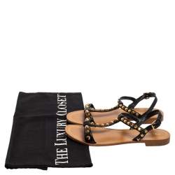 Pre Owned Prada Black Leather Studded T Strap Flat Sandals Size 39.5