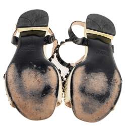 Pre Owned Prada Yellow Saffiano Patent Leather Studded and Crystal Embellished T Strap Sandals Size 38.5