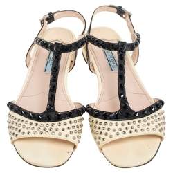 Pre Owned Prada Yellow Saffiano Patent Leather Studded and Crystal Embellished T Strap Sandals Size 38.5