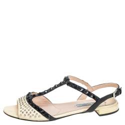 Pre Owned Prada Yellow Saffiano Patent Leather Studded and Crystal Embellished T Strap Sandals Size 38.5