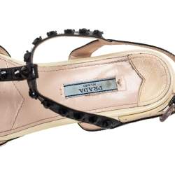 Pre Owned Prada Yellow Saffiano Patent Leather Studded and Crystal Embellished T Strap Sandals Size 38.5