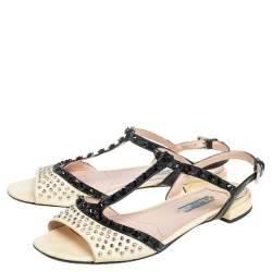 Pre Owned Prada Yellow Saffiano Patent Leather Studded and Crystal Embellished T Strap Sandals Size 38.5
