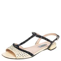 Pre Owned Prada Yellow Saffiano Patent Leather Studded and Crystal Embellished T Strap Sandals Size 38.5