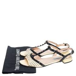 Pre Owned Prada Yellow Saffiano Patent Leather Studded and Crystal Embellished T Strap Sandals Size 38.5