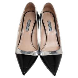 Pre Owned Prada Black/Silver Glossy Leather Pointed Toe Pumps Size 40