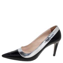 Pre Owned Prada Black/Silver Glossy Leather Pointed Toe Pumps Size 40