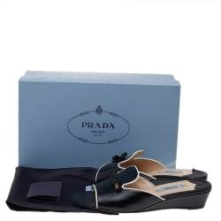 Pre Owned Prada Black Saffiano Patent Leather Bow Wedge Slide Sandals Size 36.5