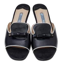 Pre Owned Prada Black Saffiano Patent Leather Bow Wedge Slide Sandals Size 36.5
