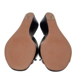 Pre Owned Prada Black Saffiano Patent Leather Bow Wedge Slide Sandals Size 36.5