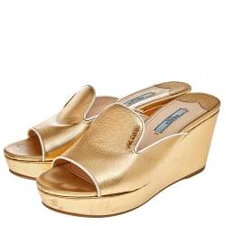 Pre Owned Prada Gold Saffiano Lux Leather Wedge Platform Slide Sandals Size 36 