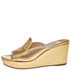 Pre Owned Prada Gold Saffiano Lux Leather Wedge Platform Slide Sandals Size 36 