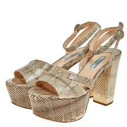 Pre Owned Prada Beige/Brown Snakeskin Platform Ankle Strap Sandals Size 37