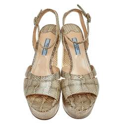 Pre Owned Prada Beige/Brown Snakeskin Platform Ankle Strap Sandals Size 37