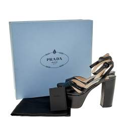 Pre Owned Prada Black Saffiano Patent Leather Platform Ankle Strap Sandals Size 37