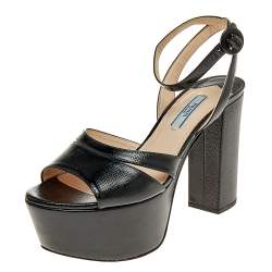 Pre Owned Prada Black Saffiano Patent Leather Platform Ankle Strap Sandals Size 37