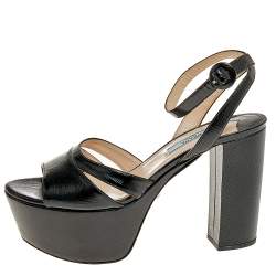 Pre Owned Prada Black Saffiano Patent Leather Platform Ankle Strap Sandals Size 37