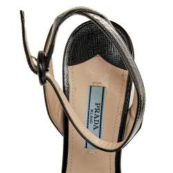 Pre Owned Prada Black Saffiano Patent Leather Platform Ankle Strap Sandals Size 37