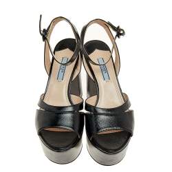 Pre Owned Prada Black Saffiano Patent Leather Platform Ankle Strap Sandals Size 37
