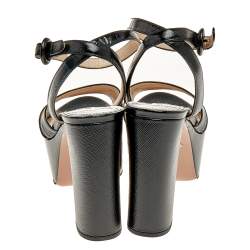 Pre Owned Prada Black Saffiano Patent Leather Platform Ankle Strap Sandals Size 37
