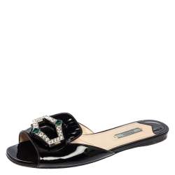 Pre Owned Prada Black Patent Leather Crystal Embellished Flats Size 39