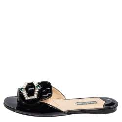 Pre Owned Prada Black Patent Leather Crystal Embellished Flats Size 39