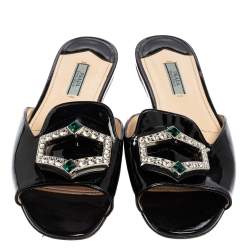 Pre Owned Prada Black Patent Leather Crystal Embellished Flats Size 39