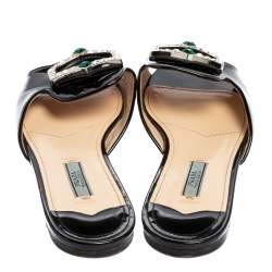 Pre Owned Prada Black Patent Leather Crystal Embellished Flats Size 39