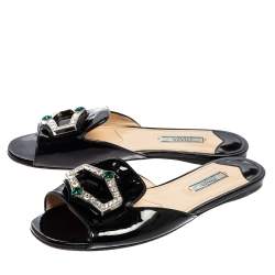 Pre Owned Prada Black Patent Leather Crystal Embellished Flats Size 39