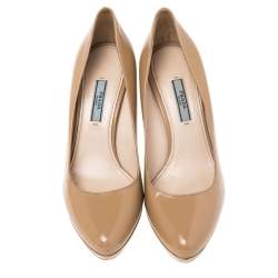 Pre Owned Prada Beige Saffiano Patent Leather Platform Pumps Size 38