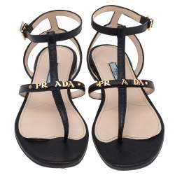 Prada Black Saffiano Leather T-Strap Flat Sandals Size 38.5