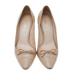 Pre Owned Prada Beige Patent Leather Bow Pumps Size 37.5