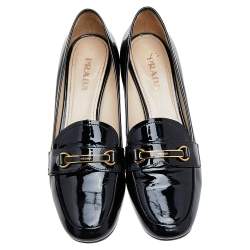 Pre Owned Prada Black Patent Leather Block Heel Loafer Pumps Size 40