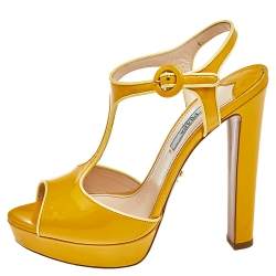 Pre Owned Prada Yellow Patent Leather T-Strap Platform Sandals Size 37.5